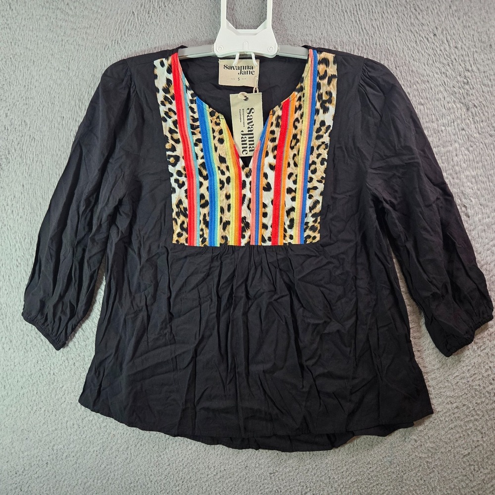 NEW Savanna Jane Colorful Embroidered Top Blouse Women Small Black